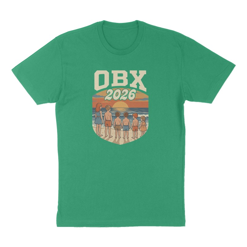 Custom t-shirt: "OBX 2026", Front print, green shirt