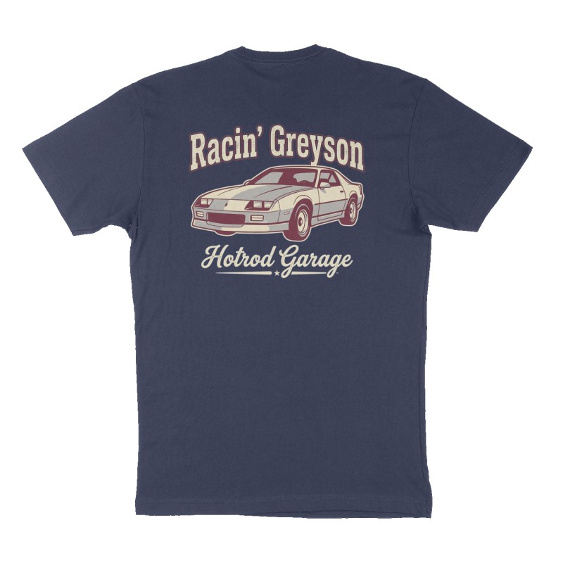 Custom t-shirt: "Racin’ Greyson", Back print, navy shirt