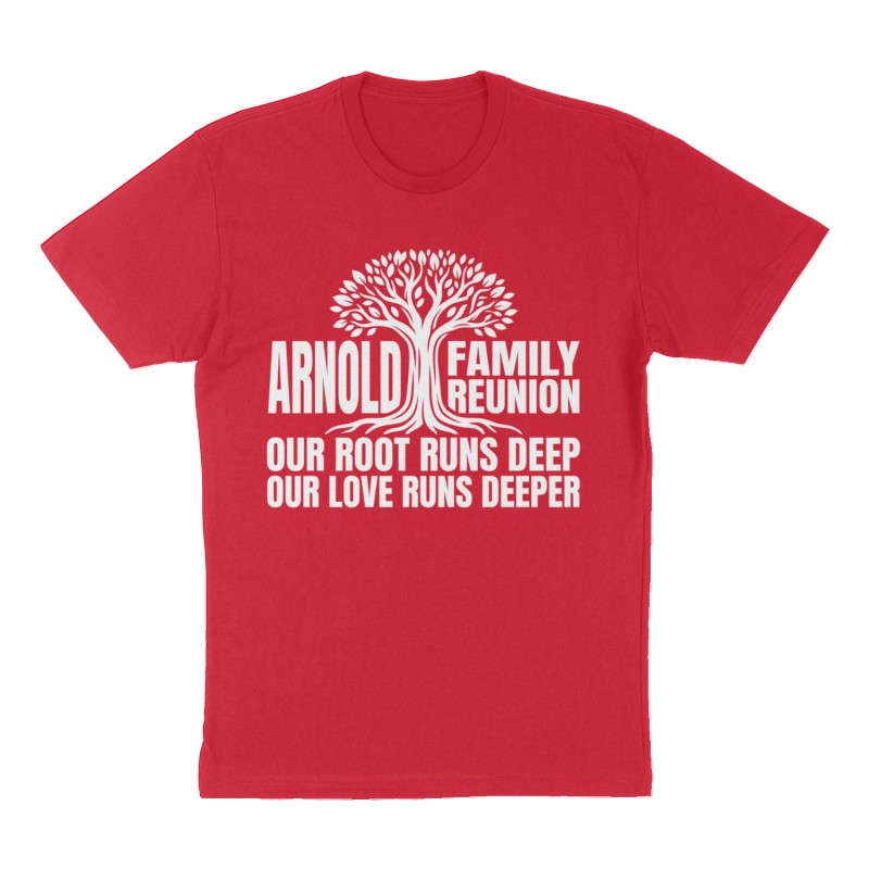 Custom t-shirt: "Arnold family reunion", Front print, red shirt
