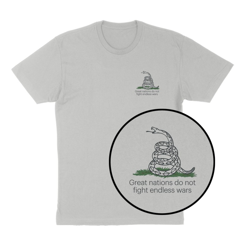 Custom t-shirt: "Great nations do not fight endless wars", Left Chest print, heather-gray shirt