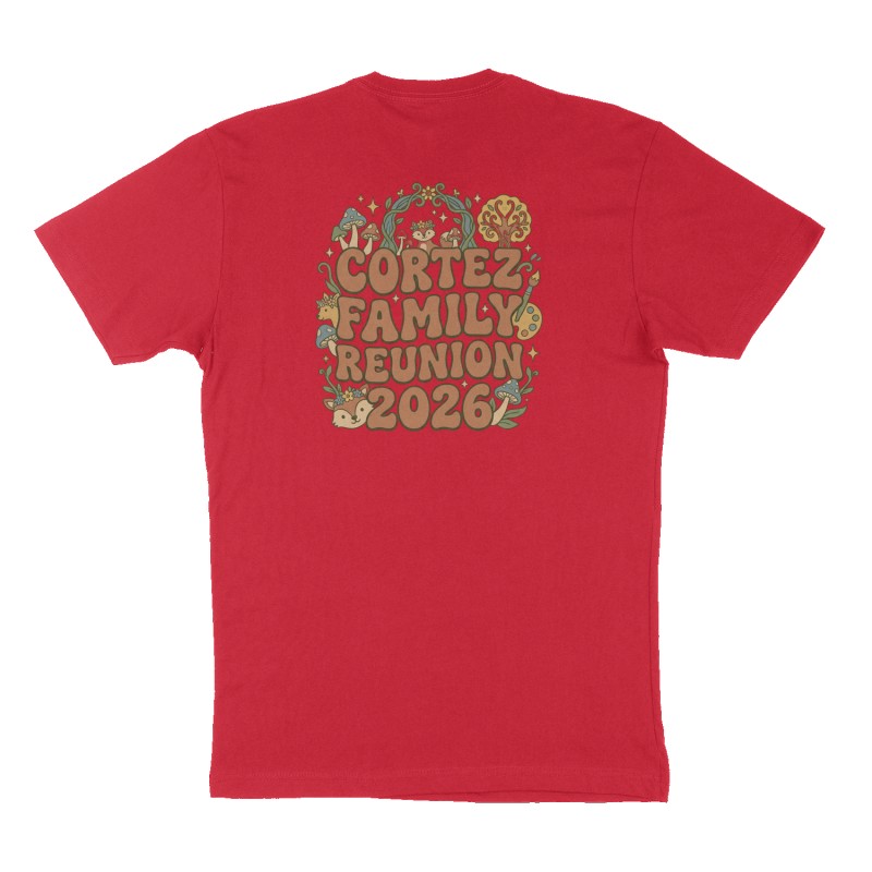 Custom t-shirt: "Cortez family reunion 2026", Back print, red shirt