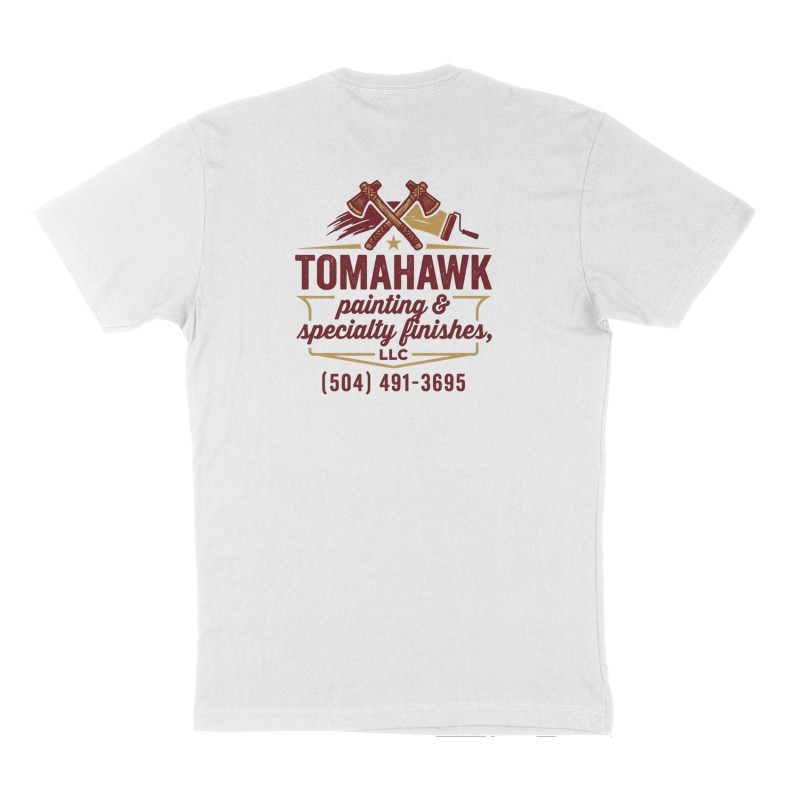 Custom t-shirt: "Tomahawk painting & specialty finishes, LLC", Back print, white shirt