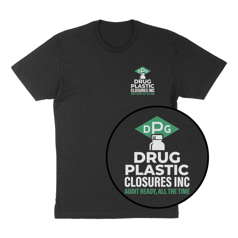 Custom t-shirt: "Drug Plastic Closures Inc", Left Chest print, black shirt