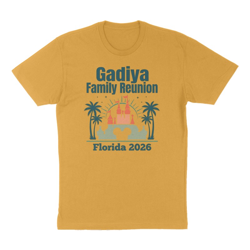 Custom t-shirt: "Gadiya Family Reunion", mustard-yellow shirt