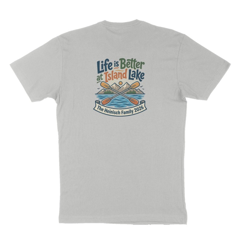 Custom t-shirt: "Life is Better at Island Lake", Back print, heather-gray shirt