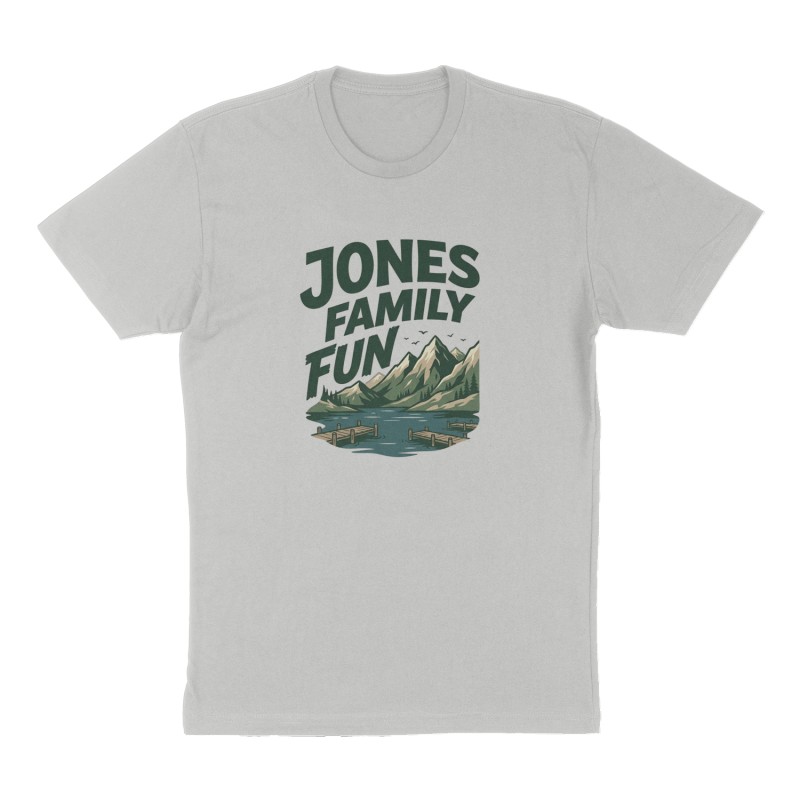 Custom t-shirt: "Jones Family Fun", Front print, heather-gray shirt