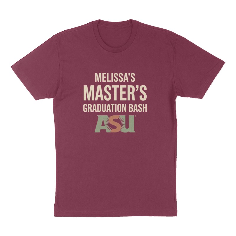 Custom t-shirt: "Melissa's Master's Graduation Bash", Front print, maroon shirt