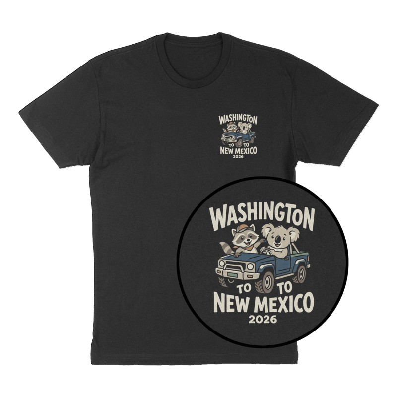 Custom t-shirt: "Washington to New Mexico 2026", Left Chest print, black shirt
