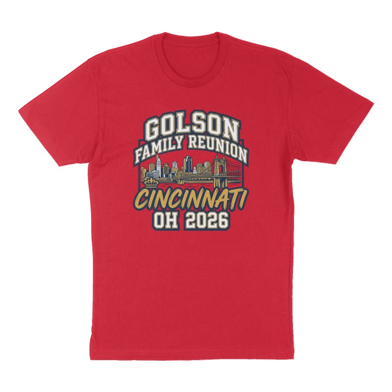 Custom t-shirt: "Golson Family Reunion Cincinnati OH 2026", Front print, red shirt