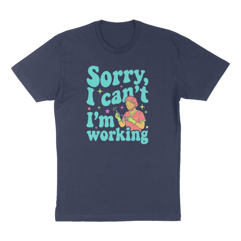 Custom t-shirt: "Sorry, I can’t ", Front print, navy shirt