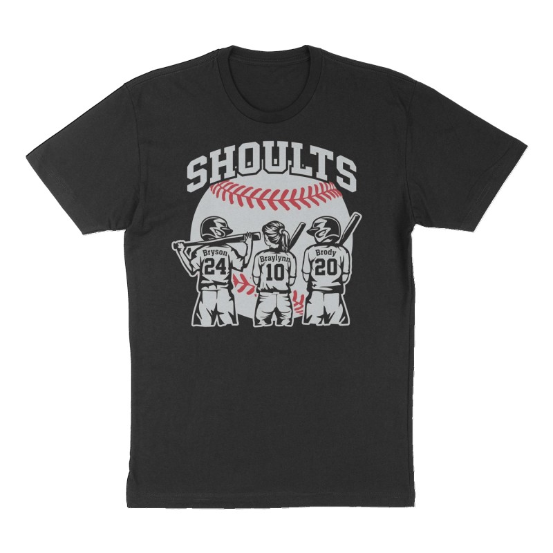 Custom t-shirt: "Shoults", Front print, black shirt