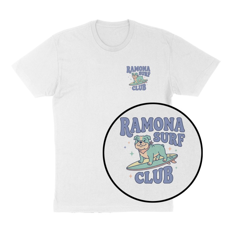 Custom t-shirt: "Ramona Surf Club", Left Chest print, white shirt
