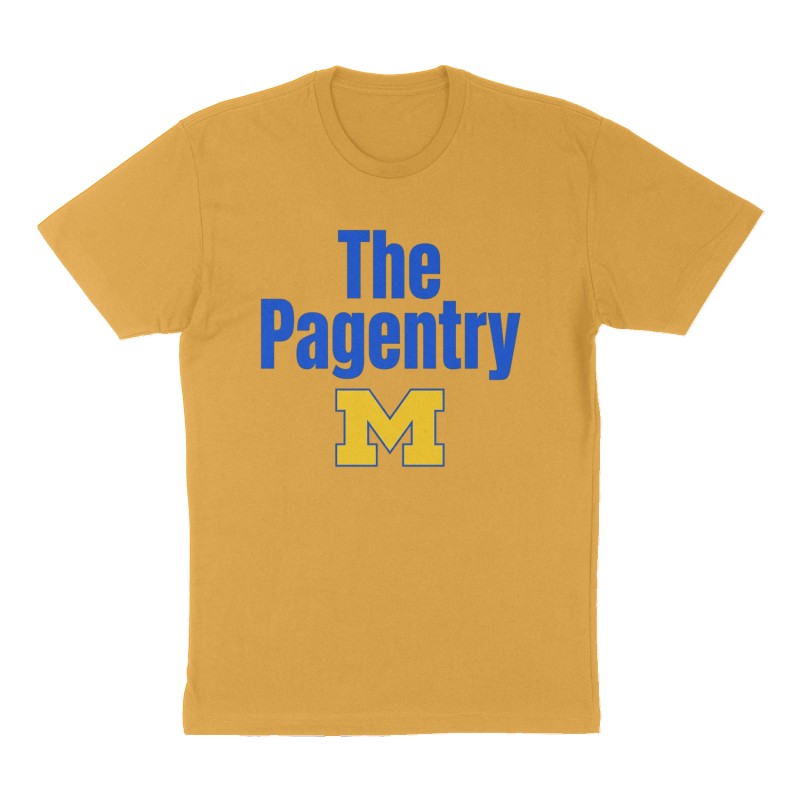 Custom t-shirt: "The Pagentry", Front print, mustard-yellow shirt