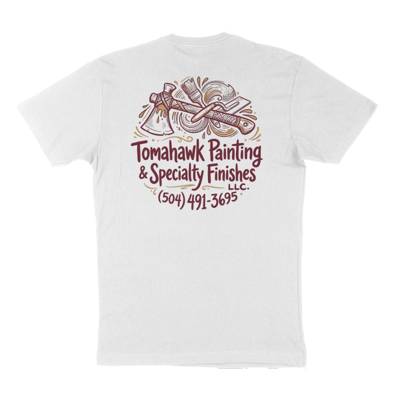 Custom t-shirt: "Tomahawk Painting & Specialty Finishes LLC.", Back print, white shirt