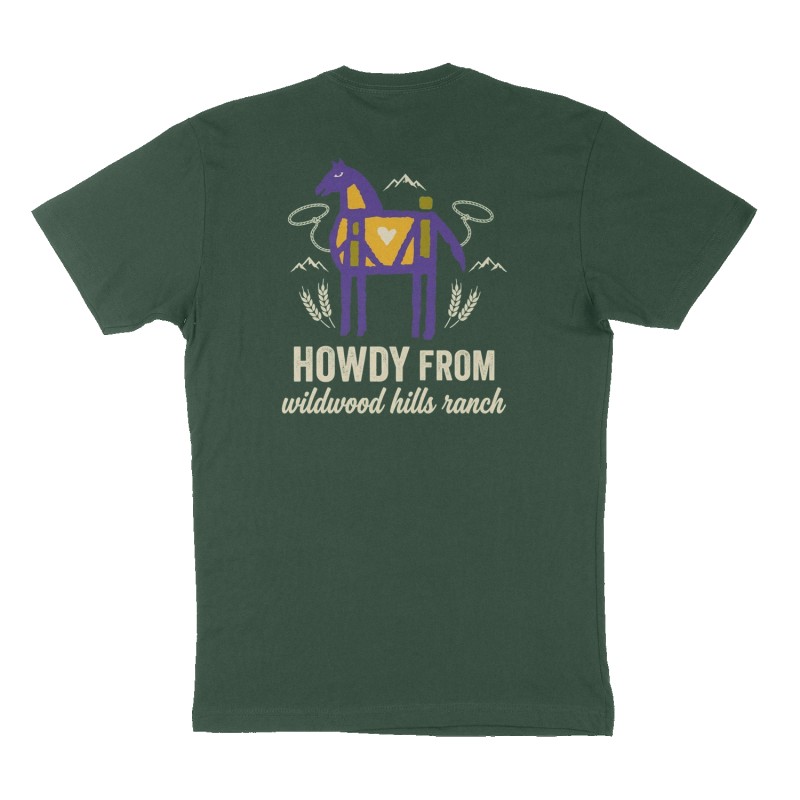 Custom t-shirt: "Howdy from wildwood hills ranch", Back print, forest-green shirt