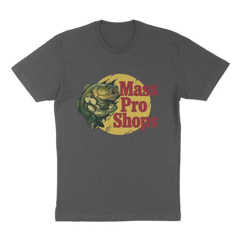 Custom t-shirt: "Mass pro shops", Front print, charcoal shirt