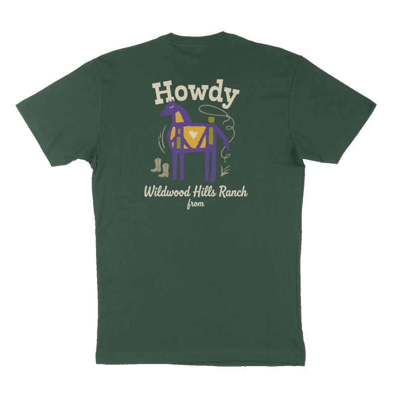 Custom t-shirt: "Howdy from wildwood hills ranch", Back print, forest-green shirt