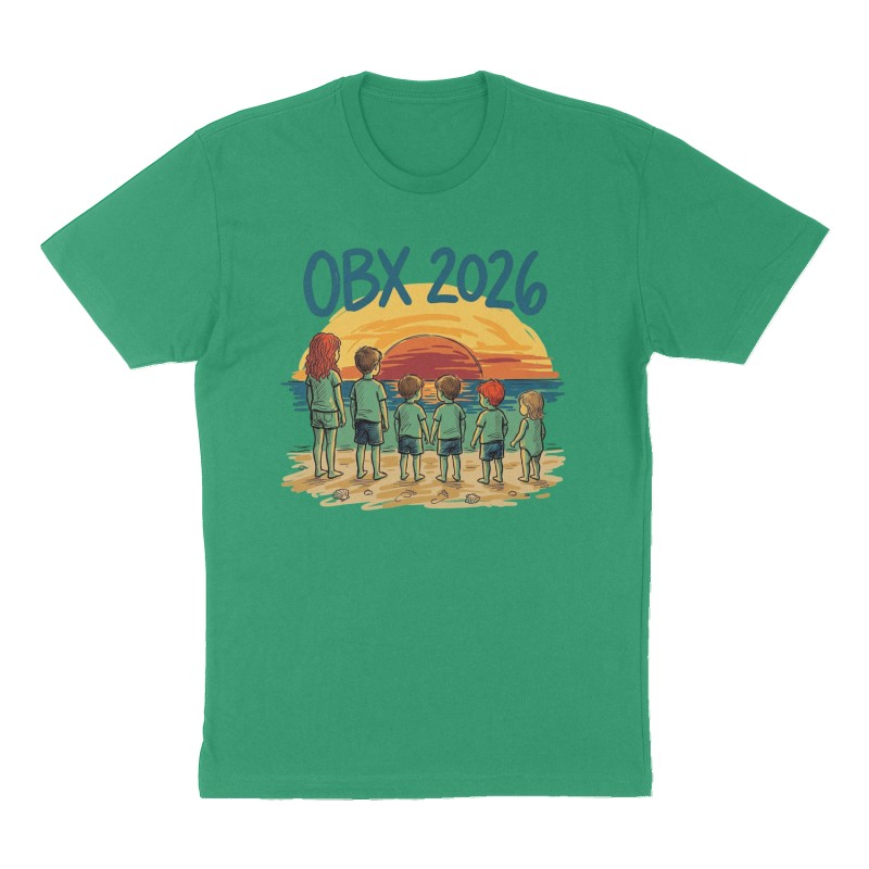 Custom t-shirt: "OBX 2026", Front print, green shirt