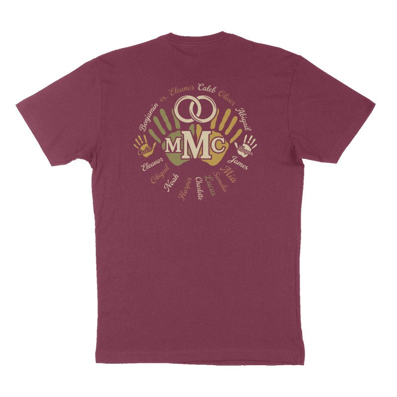 Custom t-shirt: "MMC", Back print, maroon shirt