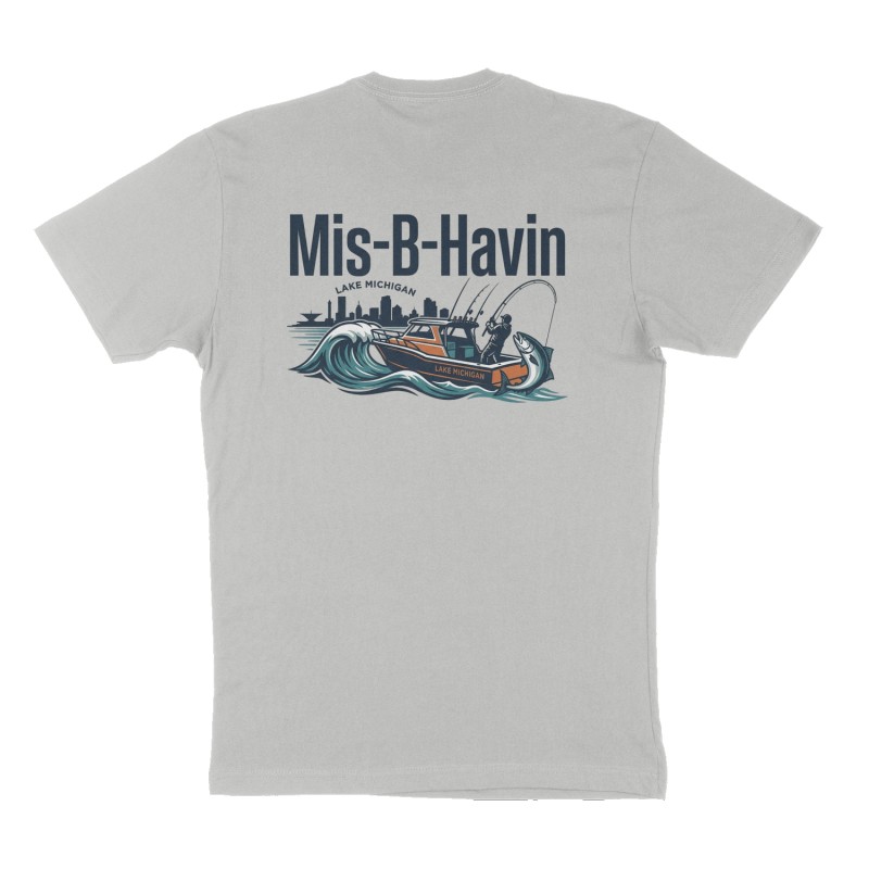 Custom t-shirt: "Mis-B-Havin", Back print, heather-gray shirt
