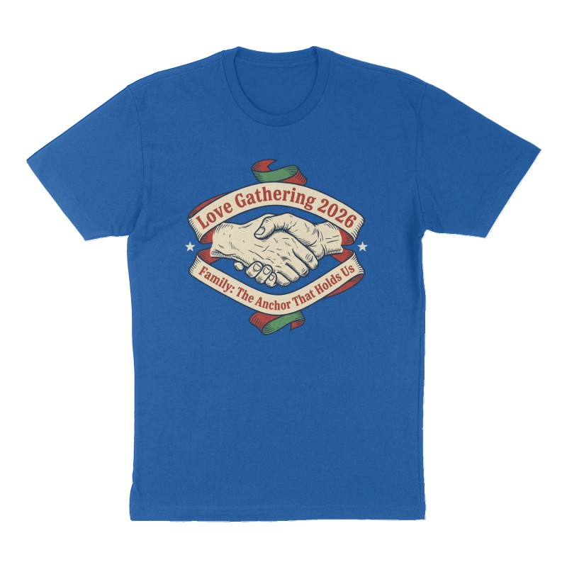 Custom t-shirt: "Love Gathering 2026", royal-blue shirt