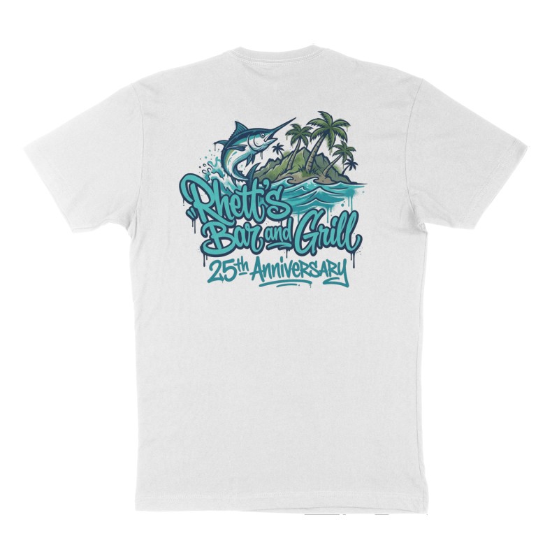 Custom t-shirt: "Rhett’s Bar and Grill", Back print, white shirt