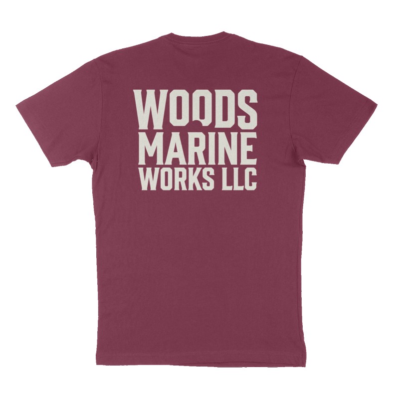 Custom t-shirt: "Woods Marine Works LLC", Back print, maroon shirt