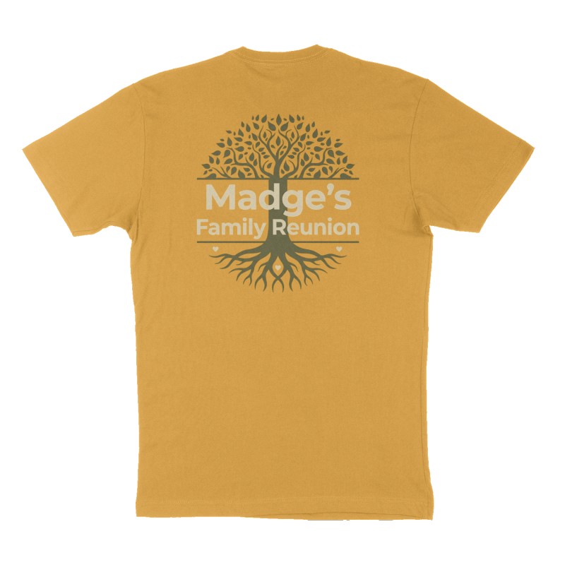 Custom t-shirt: "Madge’s Family Reunion", Back print, mustard-yellow shirt
