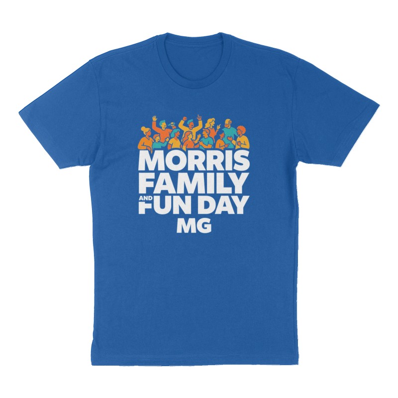 Custom t-shirt: "Morris Family and Fun Day", Front print, royal-blue shirt