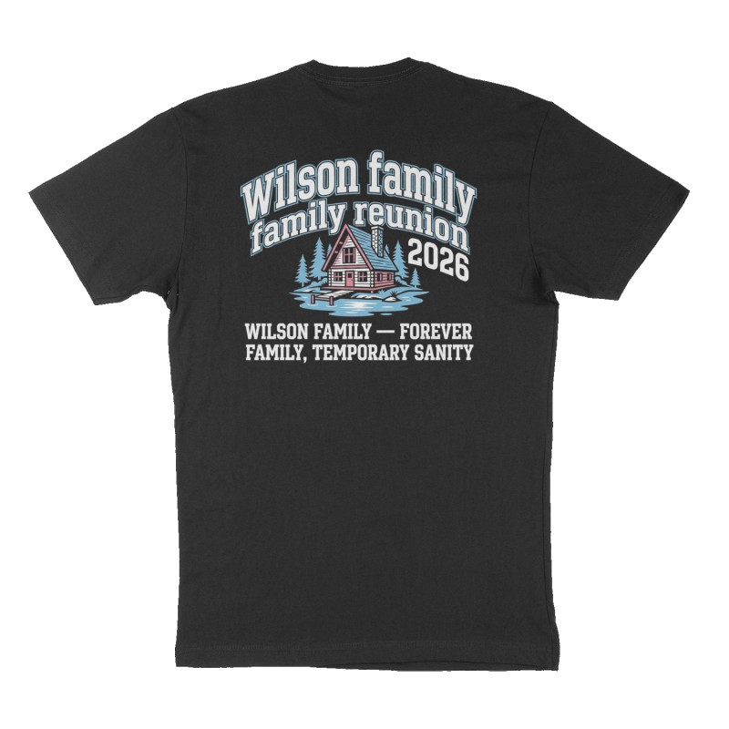 Custom t-shirt: "Wilson family reunion 2026", Back print, black shirt