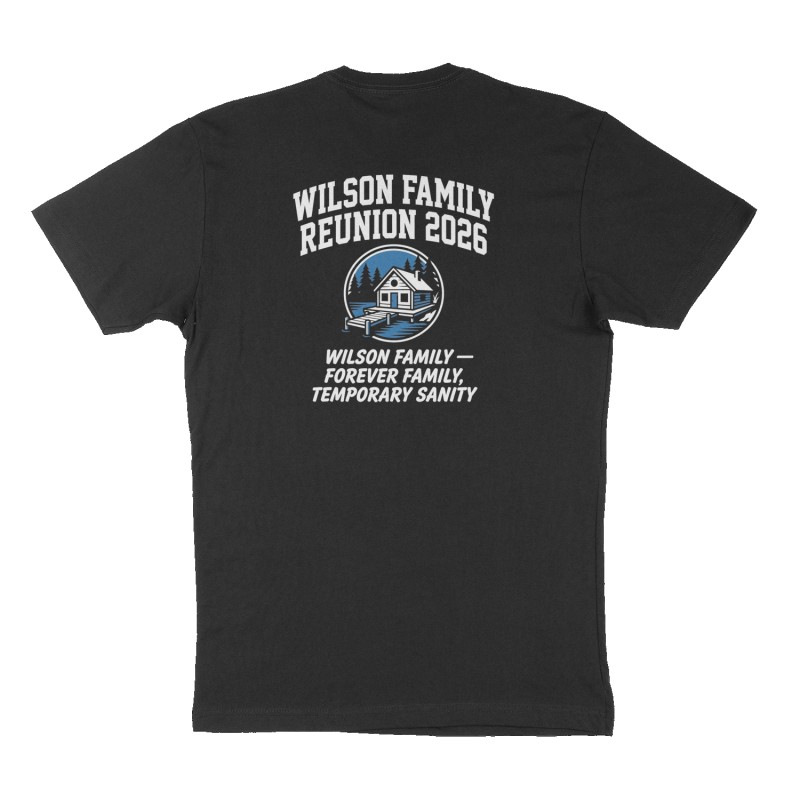 Custom t-shirt: "Wilson family reunion 2026", Back print, black shirt