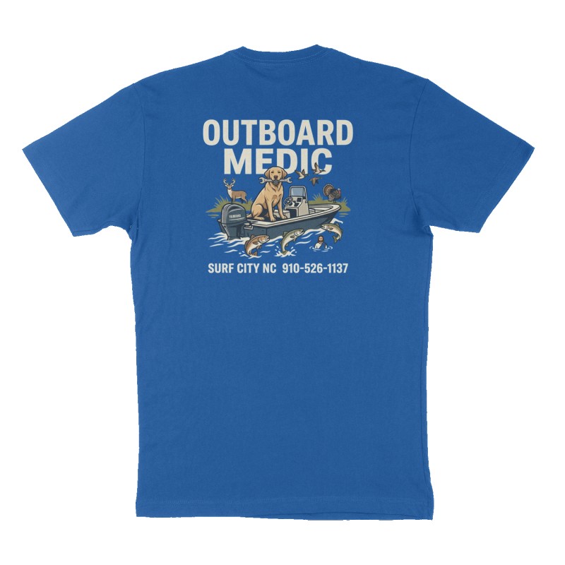Custom t-shirt: "OUTBOARD MEDIC ", Back print, royal-blue shirt