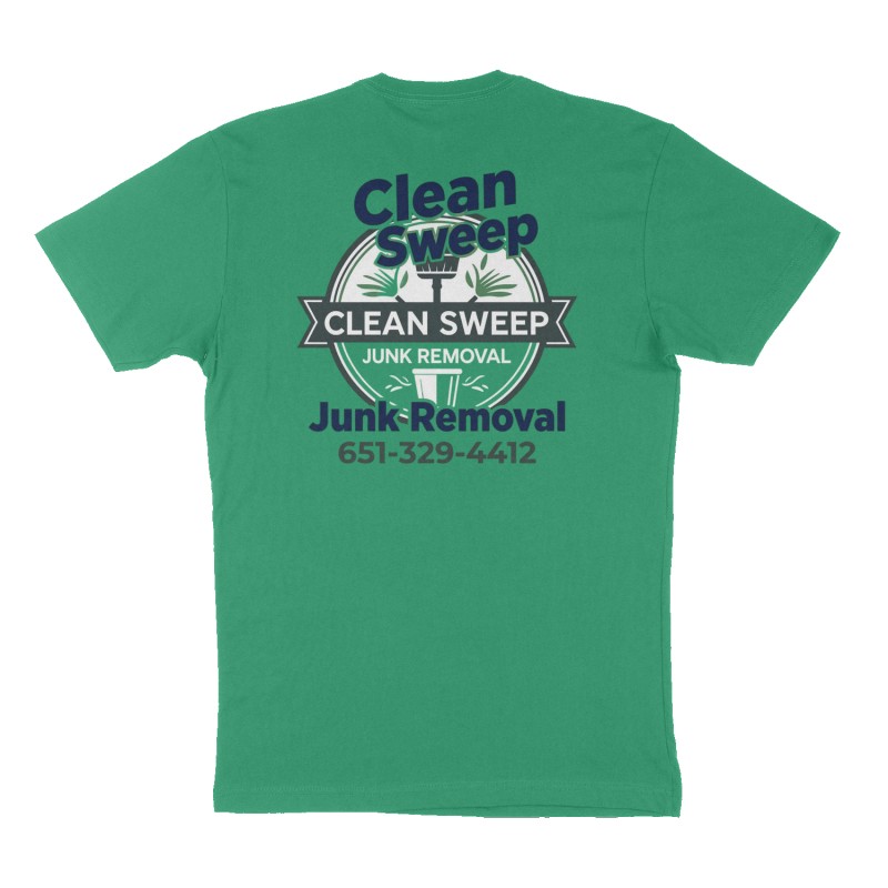 Custom t-shirt: "Clean Sweep Junk Romoval", Back print, green shirt