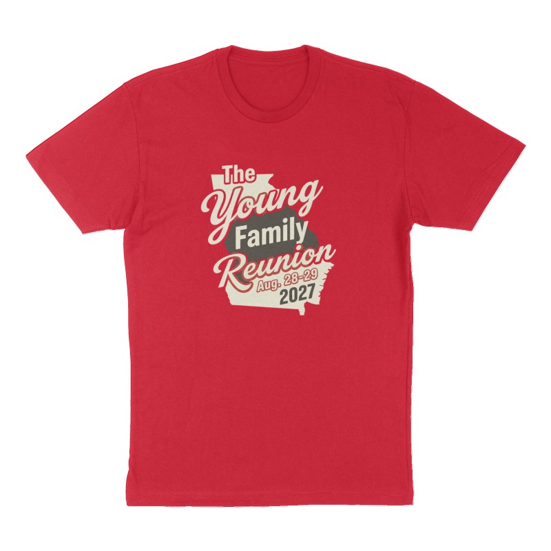 Custom t-shirt: "The Young Family Reunion Aug. 28-29 2027", Front print, red shirt