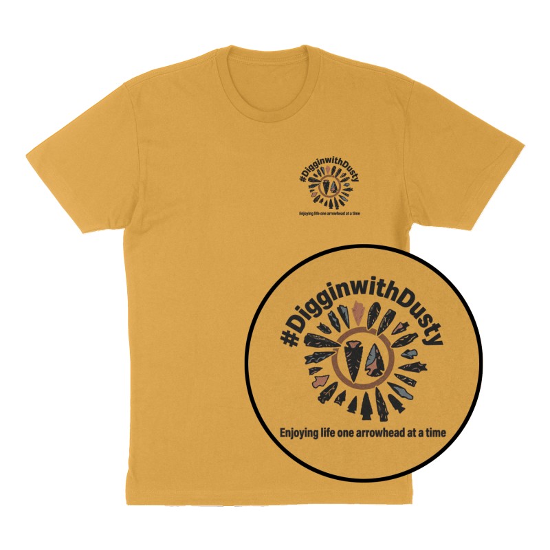 Custom t-shirt: "#DigginwithDusty ", Left Chest print, mustard-yellow shirt