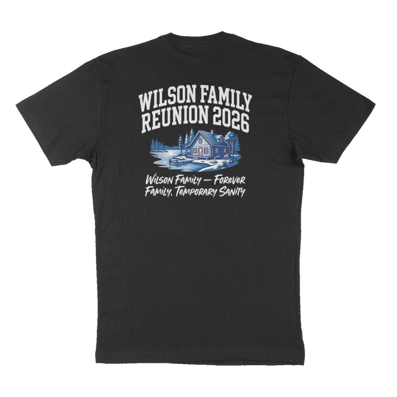 Custom t-shirt: "Wilson family reunion 2026", Back print, black shirt