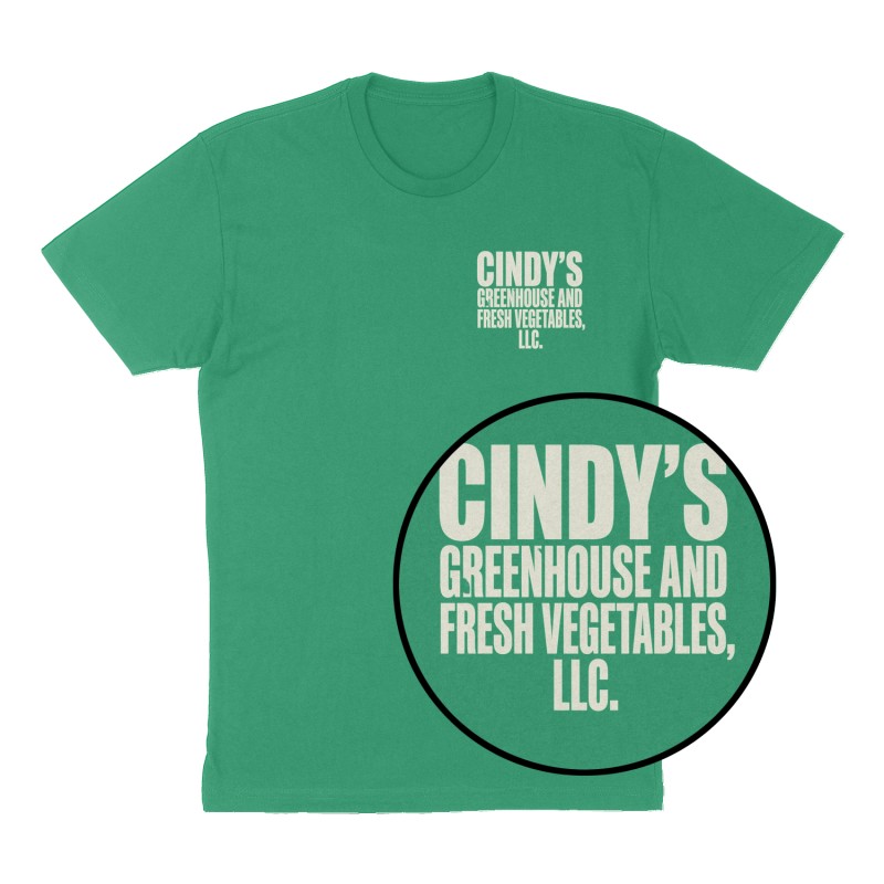 Custom t-shirt: "Cindy’s Greenhouse and Fresh Vegetables, LLC", Left Chest print, green shirt