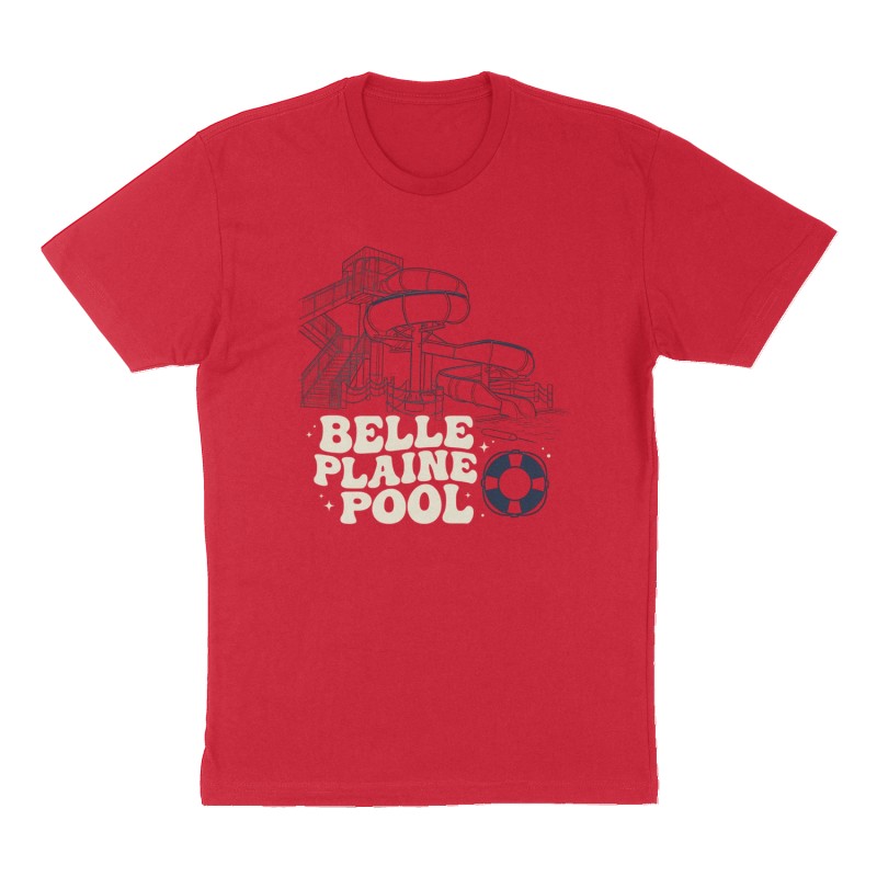 Custom t-shirt: "BELLE PLAINE POOL", Front print, red shirt