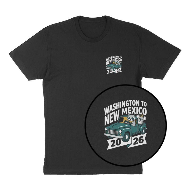Custom t-shirt: "Washington to New Mexico 2026", Left Chest print, black shirt