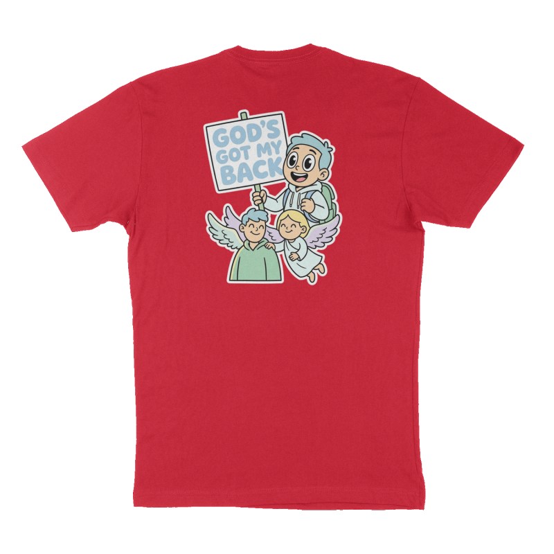 Custom t-shirt: "God’s got my back", Back print, red shirt