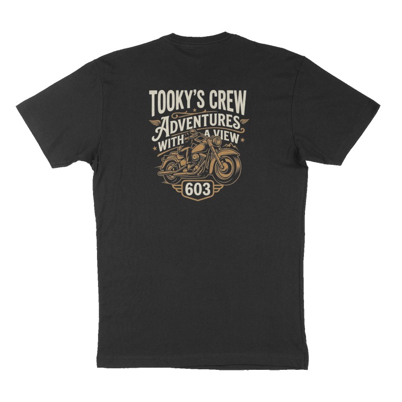 Custom t-shirt: "Tooky's Crew Adventures with a View", Back print, black shirt