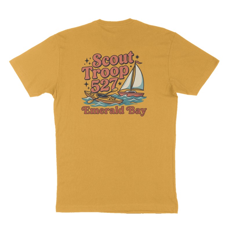 Custom t-shirt: "Scout Troop 527", Back print, mustard-yellow shirt