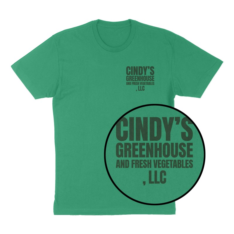 Custom t-shirt: "Cindy’s Greenhouse and Fresh Vegetables, LLC", Left Chest print, green shirt