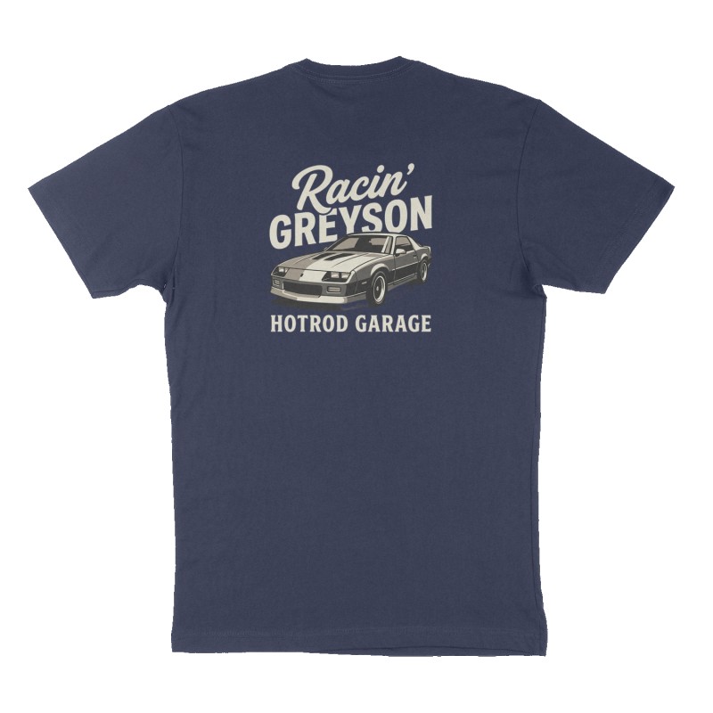 Custom t-shirt: "Racin’ Greyson", Back print, navy shirt