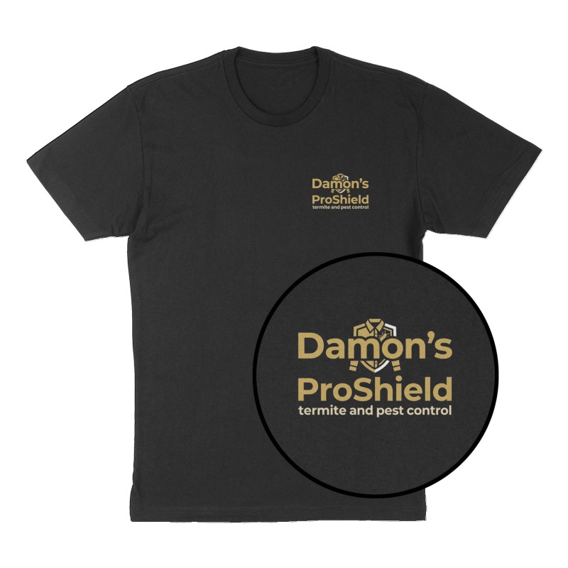 Custom t-shirt: "Damon’s ProShield termite and pest control ", Left Chest print, black shirt