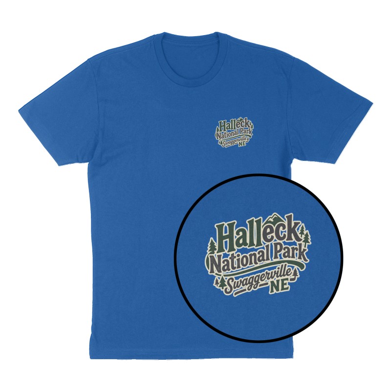 Custom t-shirt: "Halleck National Park", Left Chest print, royal-blue shirt