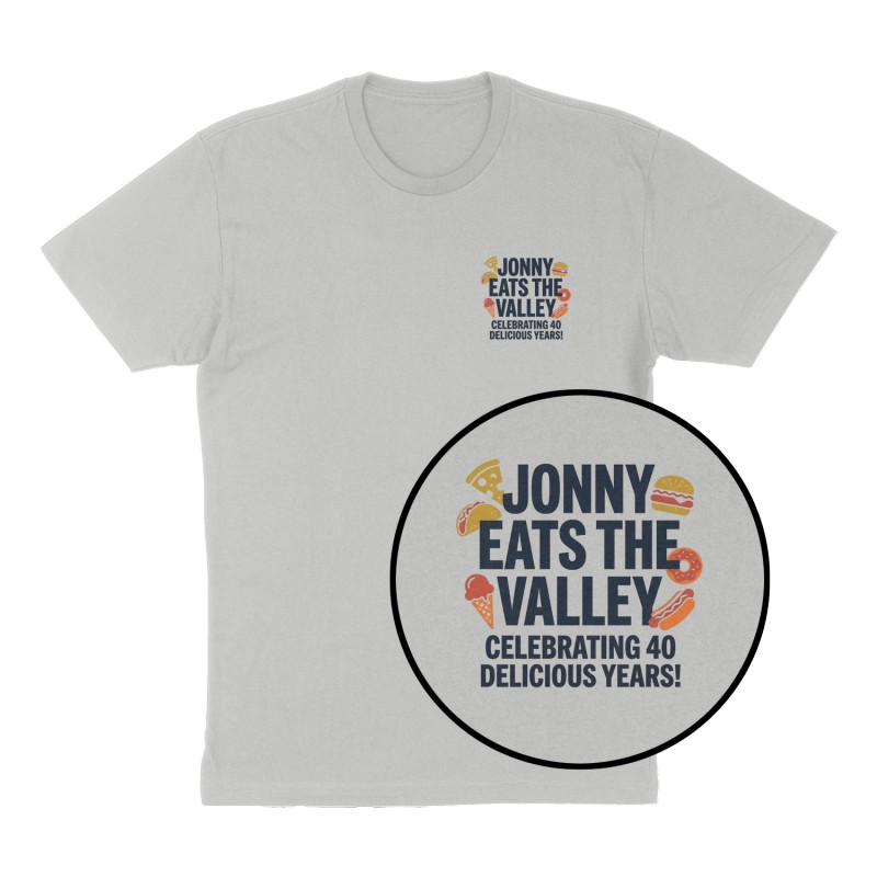 Custom t-shirt: "Jonny Eats the Valley", Left Chest print, heather-gray shirt