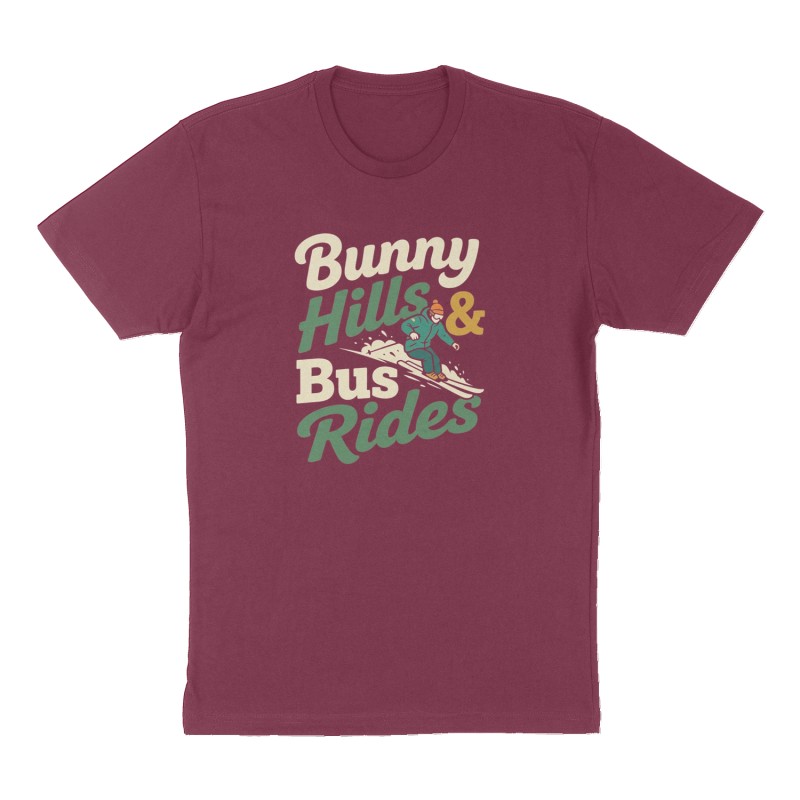 Custom t-shirt: "Bunny Hills & Bus Rides", Front print, maroon shirt