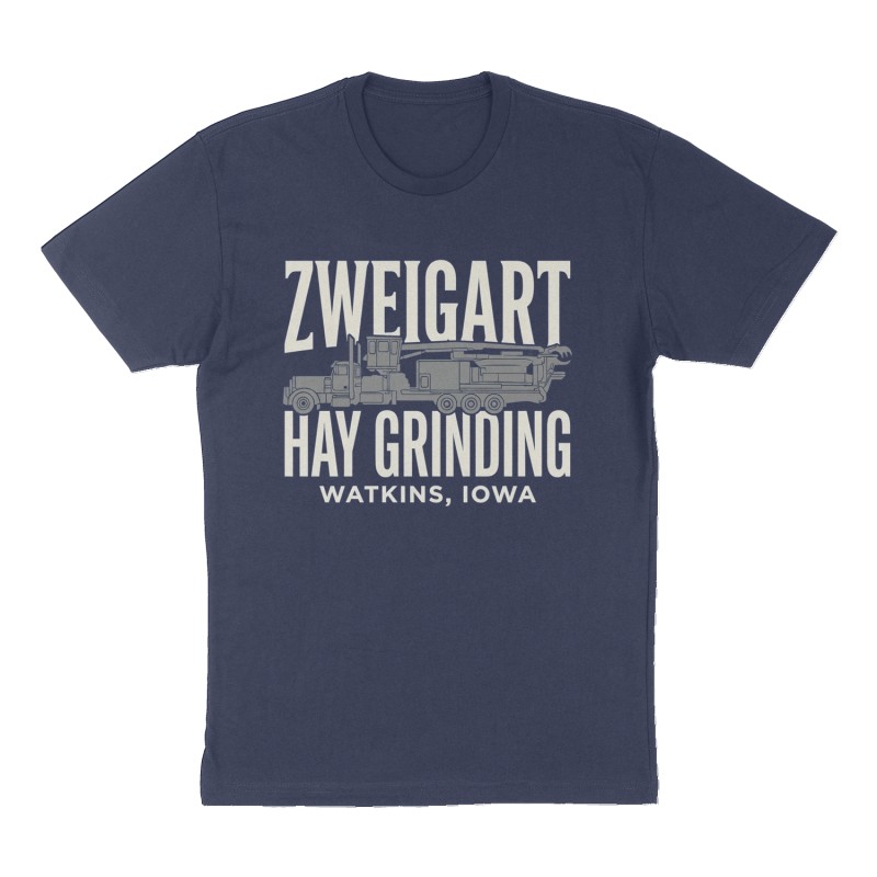 Custom t-shirt: "Zweigart Hay Grinding", Front print, navy shirt