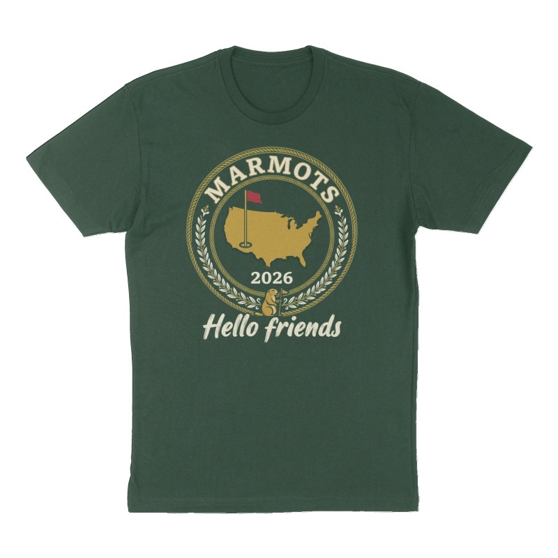 Custom t-shirt: "Marmots 2026 Hello friends", Front print, forest-green shirt